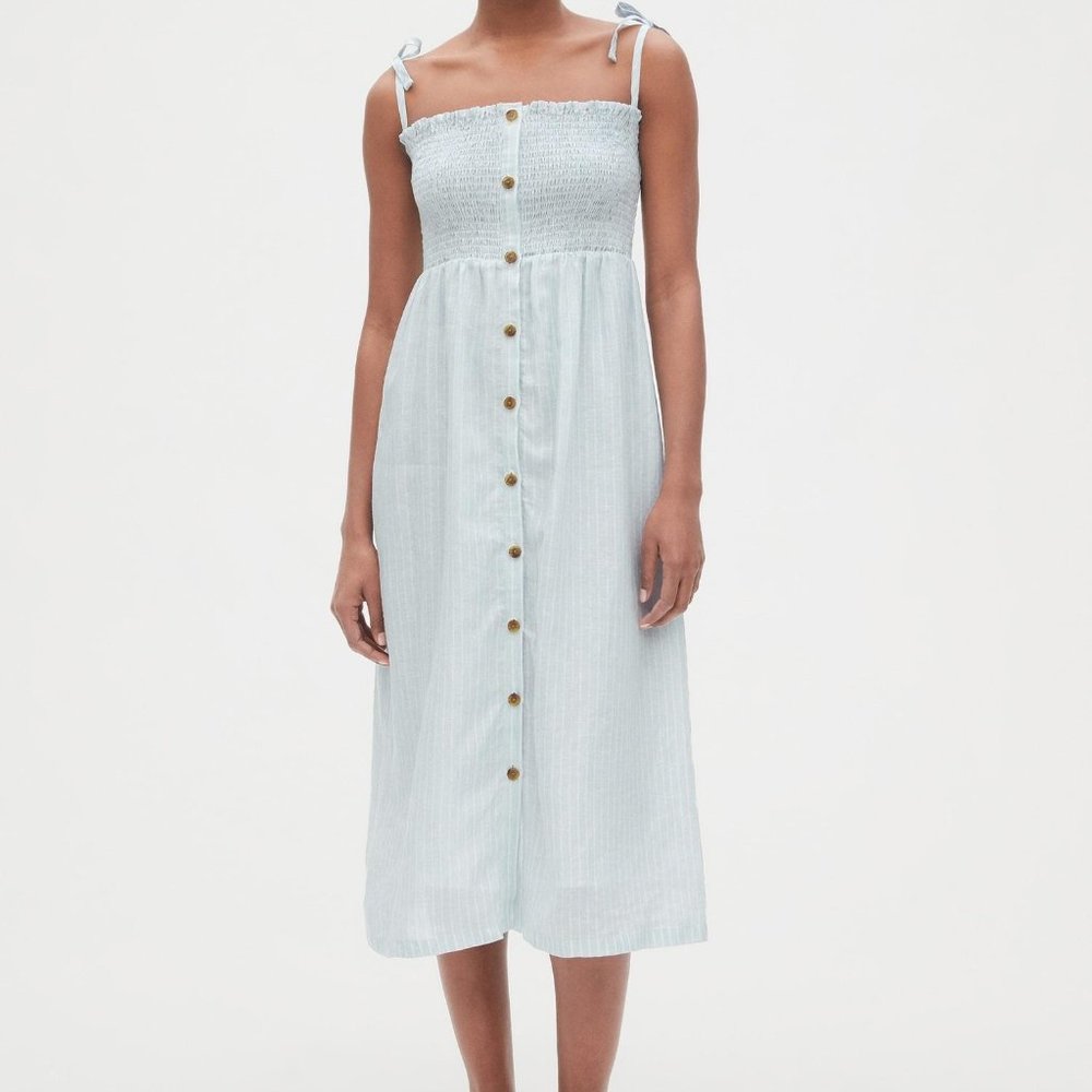 GAP Light Blue Striped Smocked Midi Dress